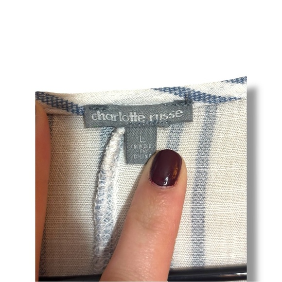 Charlotte Russe Navy and White Striped Wrap Criss Cross Front Detail Blouse - Picture 12 of 14